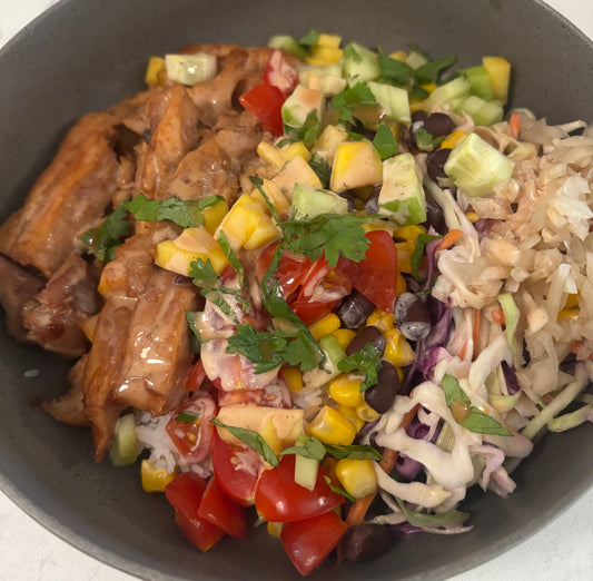 BBQ chicken Bowl with Mango salsa and honey mustard slaw