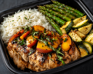 Grilled peach Balsamic Chicken bowl with roasted veggies