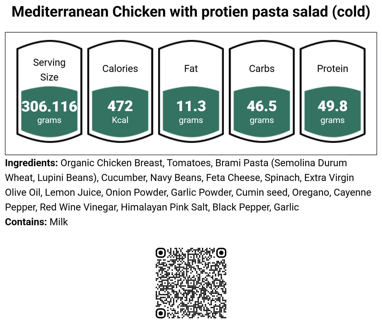 Mediterranean Chicken and protein pasta salad (cold)
