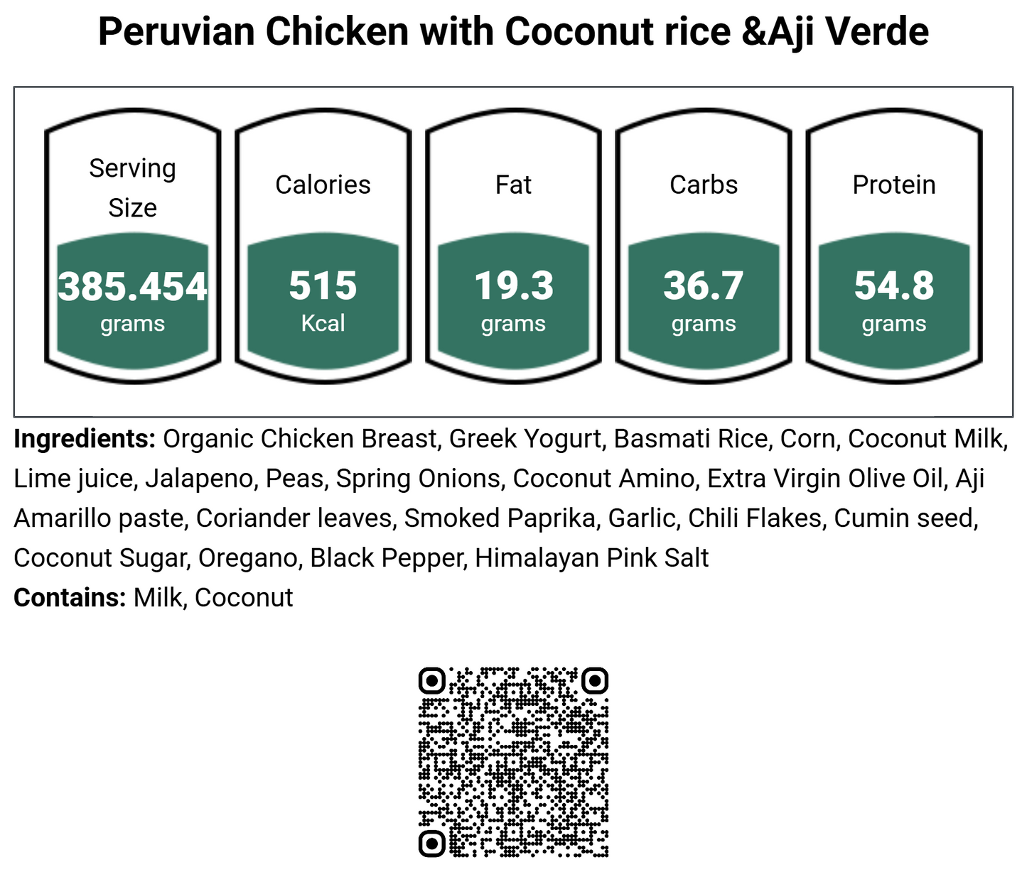 Peruvian Chicken with Coconut rice, Aji Verde, peas and corn