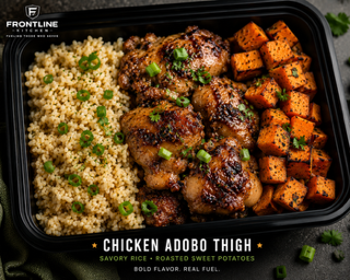 Chicken Adobo (thighs) with savory rice and sweet potatoes