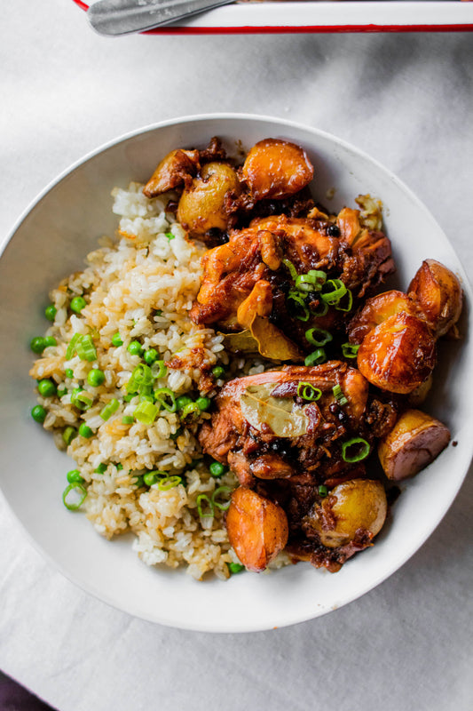 Chicken Adobo (thighs) with savory rice and sweet potatoes