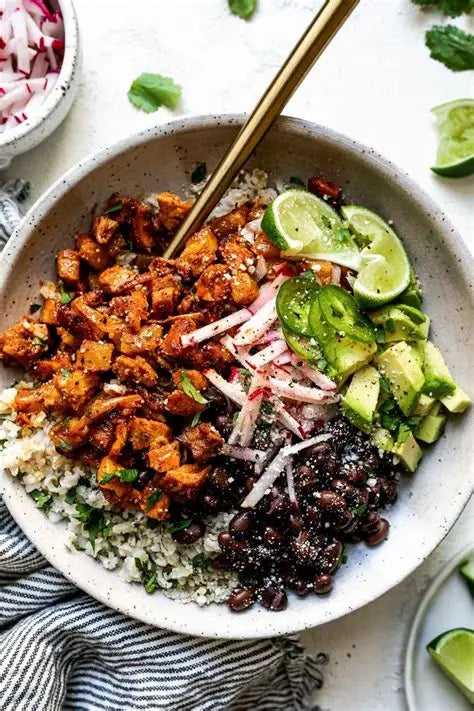 Chicken Al Pastor Burrito Bowl w Black beans, brown rice, and corn succotash