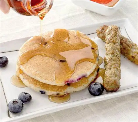 Protein Pancakes with Chicken breakfast sausage and blueberries
