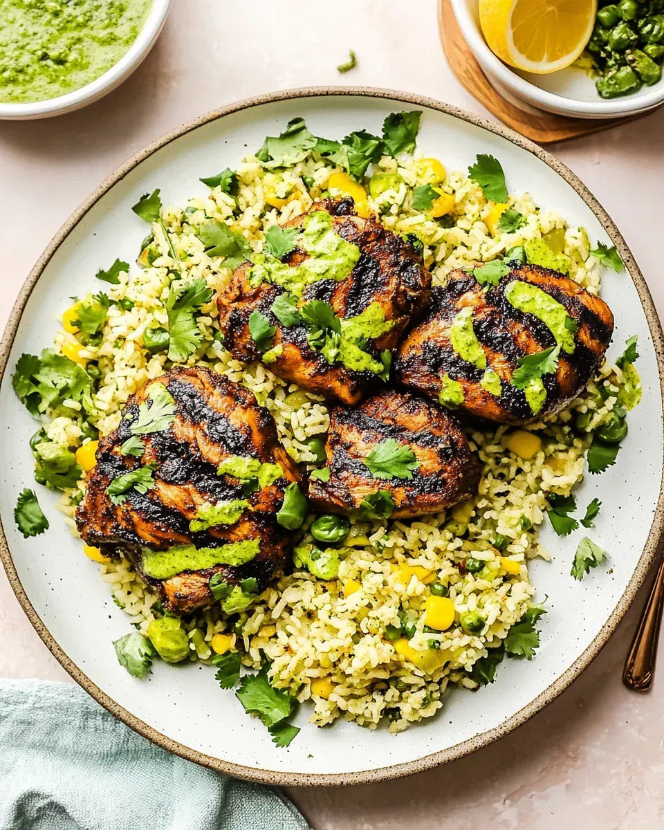 Peruvian Chicken with Coconut rice, Aji Verde, peas and corn