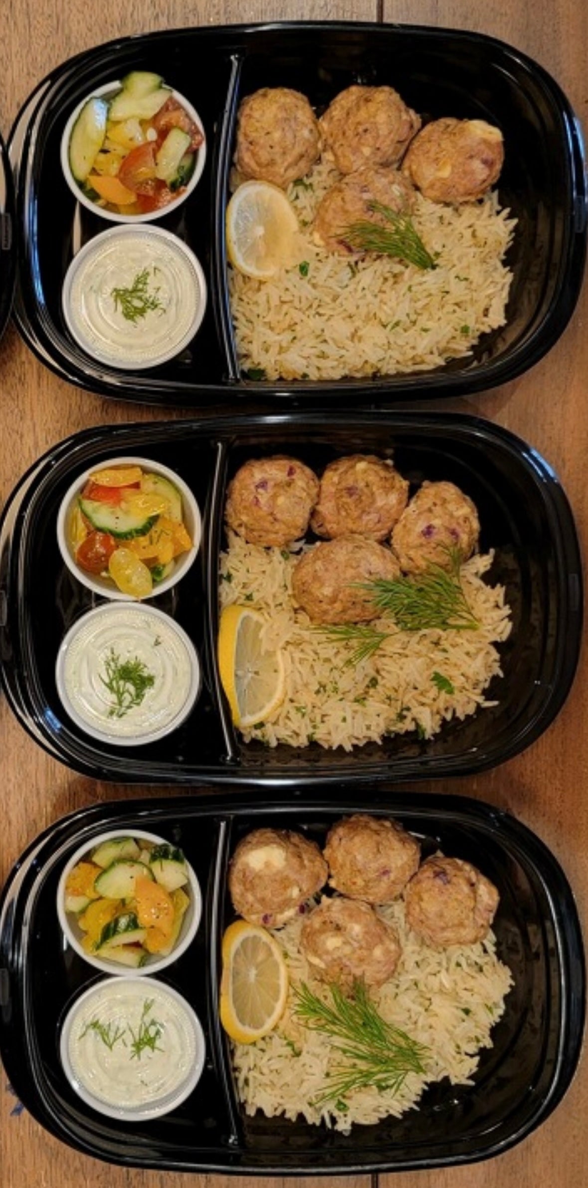 Mediterranean Turkey Meatballs, Dill rice, cucumber tomato salad and tzatziki